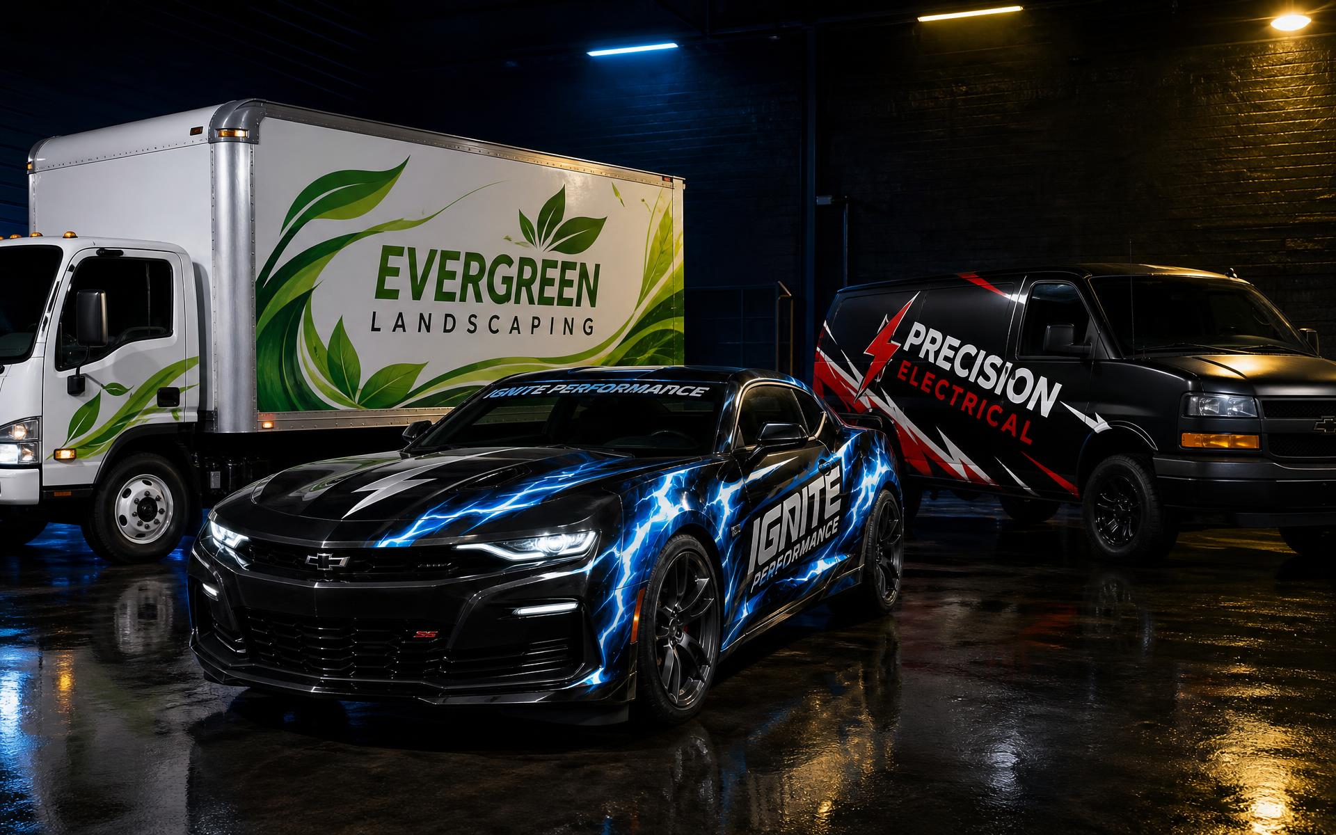 Wrapped Evergreen Landscaping box truck, Ignite Performance Camaro and Precision Electrical cargo van